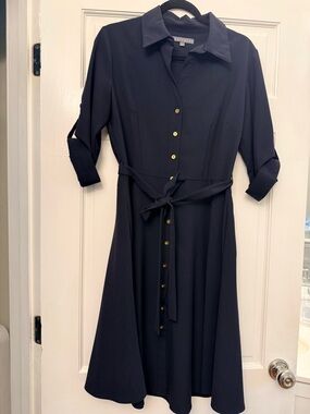 Sharagano Navy Button-Front Midi Shirt Dress with Tie Waist